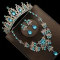 Elegant bridal jewelry set with light blue crystals including tiara necklace and earrings - No. 2 Pierced Style / Three-Piece Set / Gold (Lake Blue Rhinestone)