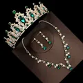 Elegant bridal jewelry set with emerald green crystals including tiara necklace and earrings - No. 3 Pierced Style / Three-Piece Set / Silver (Green Rhinestone)