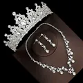 Luxurious silver bridal jewelry set including tiara, necklace and teardrop earrings - No. 3 Pierced Style / Three-Piece Set / Silver (White Rhinestone)