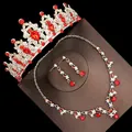 Elegant bridal jewelry set with red crystal tiara, necklace, and earrings in gold finish. - No. 3 Pierced Style / Three-Piece Set / Gold (Red Stone)