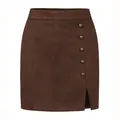 Eleganter brauner Minirock aus Wildlederimitat mit hoher Taille, Schlitz und Metallknöpfen. - Braun