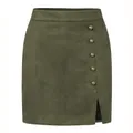 Eleganter olivgrüner Wildleder-Minirock mit hoher Taille, Metallknöpfen und Schlitz - Armeegrün