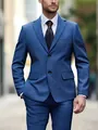 Front detail of a men's slim fit blue linen suit jacket and matching trousers for weddings - XS / Top And Bottom / Navy Blue