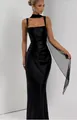 Elegante abito da sera in raso nero con sciarpa coordinata e spalline sottili da donna - US2 / Top E Pantaloni / Nero