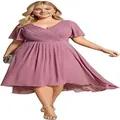 Plus size mauve chiffon evening dress featuring flutter sleeves and elegant high-low hem design - US2 / Top And Bottom / Rose Pink