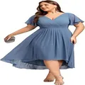 Plus size blue chiffon evening dress with ruffle sleeves and high-low hemline - US2 / Top And Bottom / Blue