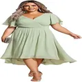 Elegant plus size light green chiffon high-low cocktail dress with ruffle sleeves - US2 / Top And Bottom / Light Green