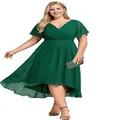Elegant plus size dark green chiffon high-low dress with flutter sleeves for evening parties - US2 / Top And Bottom / Green