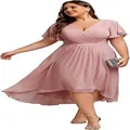 Elegant plus size pink chiffon formal dress featuring ruffled sleeves and high-low hemline - US2 / Top And Bottom / Pink