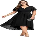 Plus size black chiffon high-low dress with elegant flutter sleeves and V-neckline - US2 / Top And Bottom / Black