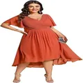 Plus size orange chiffon formal dress with flutter sleeves and high-low hemline. - US2 / Top And Bottom / Burnt Orange