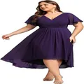 Elegant plus size purple chiffon high-low dress with flutter sleeves - US2 / Top And Bottom / Deep purple