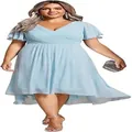 Plus size light blue chiffon high-low dress featuring ruffle sleeves and a deep V-neckline - US2 / Top And Bottom / Sky Blue