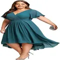 Teal chiffon plus size evening dress with flutter sleeves and high-low hemline. - US2 / Top And Bottom / Teal