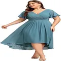 Plus size blue chiffon dress with flutter sleeves and high-low hem - US2 / Top And Bottom / Grey Blue
