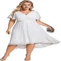 Plus size white chiffon evening dress featuring ruffled sleeves and high-low hemline for women - US2 / Top And Bottom / White