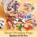 Colorful heart-shaped mini wooden clothespins for photos, 50-piece bucket set - Heart Style / 36mm (50 Pieces/Bucket) / Colorful