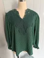 Macro view of dark green blouse detail showing intricate lace and V-neckline texture. - S / Tops / Dark Green