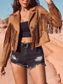 Stylish women's brown fringe suede jacket with long sleeves in western desert setting - S / Tops / Dark Brown
