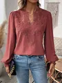 Detailed view of a dusty rose V-neck blouse featuring intricate lace crochet design - S / Tops / Burgundy
