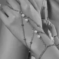 Elegant multi-layer pearl hand chain slave bracelet with silver-tone alloy beads. - Mixed Multi-layer Artificial Pearl Chain Linked Style / Silver