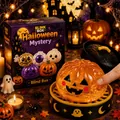 Detailgetreue Nahaufnahme des orangefarbenen Halloween-Kürbis-Quetschspielzeugs. - Kartonverpackung / Kürbis-Jack-Squishy