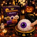 Nahaufnahme eines Halloween-Augapfel-Squishy-Spielzeugs auf einem Dampfgarer-Tablett - Kartonverpackung / Gruseliger Augapfel-Squishy