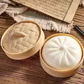 Close-up of simulation baozi bun squeeze toy inside a realistic mini steamer box - Flour Style (White) / 8.5cm (OPP Bag)