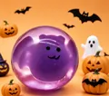 Detailed view of purple Halloween bat squishy toy with spooky pumpkin background - 5.5cm Maltose Pack / Purple Bat