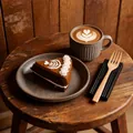 Gros plan détaillé d'une part de gâteau au chocolat réaliste et d'un latte art - Jouet Anti-stress / Gâteau au Café Triangulaire