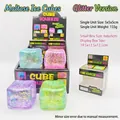 Detail view of colorful glitter cube squeeze toys with packaging and size specs - Glitter Cube (Boxed) / 5cm