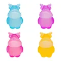 Primer plano de cuatro coloridos juguetes antiestrés con forma de vaca de maltosa. Gran diseño. - Reno / Bolsa de polietileno / Azul