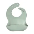 Soft sage green silicone baby bib with adjustable neck strap and deep food pocket - Bean Green