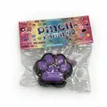 Purple cat paw squishy stress relief pinch toy presented in decorative retail packaging - Metallic Purple Black