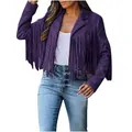 Stylish purple suede fringe jacket for women featuring long tassels and short slim fit - Purple