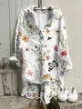 Stijlvol damesoverhemd met lange mouwen van slub linnen en natuurlijke bloemenprint details - S / Tops / Bloemen Vlinder (NSCS-002)