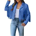 Detailed view of women's blue faux suede jacket featuring stylish fringe accents - Light Blue