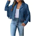 Detail view of the blue suede fabric and long fringes on this western style jacket - Blue