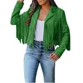 Detailed view of women's green suede cropped jacket with fringe fashion style - Sea Green