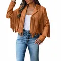 Tan suede women's jacket with long fringe detailing and lapel collar detail view - Orange
