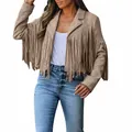 Stylish women's short faux suede jacket with long fringe detailing in tan for autumn wear - Khaki