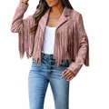 Detailed view of women's dusty rose faux suede jacket with stylish long fringe accents - S / Tops / Pink