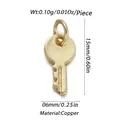 Detailed size and weight measurement guide for 15mm copper gold-plated key pendant charm - Gold Mini Key Style Pendant (H)