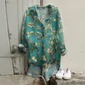 Chic rustique : tunique en lin pour femme avec imprimé artistique de fleurs d'amandier. - S / Hauts / Amandier en fleurs (NSCS-011)