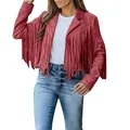 Detailed view of women's pink faux suede fringe jacket with collar and slim fit design - S / Tops / Red