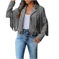 Detail of women's gray faux suede jacket with long fringe and tassel design - S / Tops / Gray