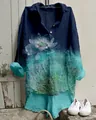 Détail d'une chemise en lin pour femme avec imprimé lotus et dégradé de couleurs - S / Hauts / Couleur dégradée de lotus (NSCS-015)