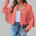 Detail view of women's coral suede jacket featuring western-style long fringes on sleeves - Watermelon red
