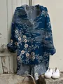 Chemisier à manches longues pour femme en lin bleu fleuri suspendu sur porte vintage - S / Hauts / Bleu Foncé Imprimé Floral à Vagues (NSCS-018)