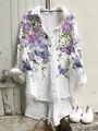Vue détaillée d'une tunique en lin blanc avec imprimés de papillons et fleurs violettes - S / Hauts / Papillon et Fleurs Blanc (NSCS-019)